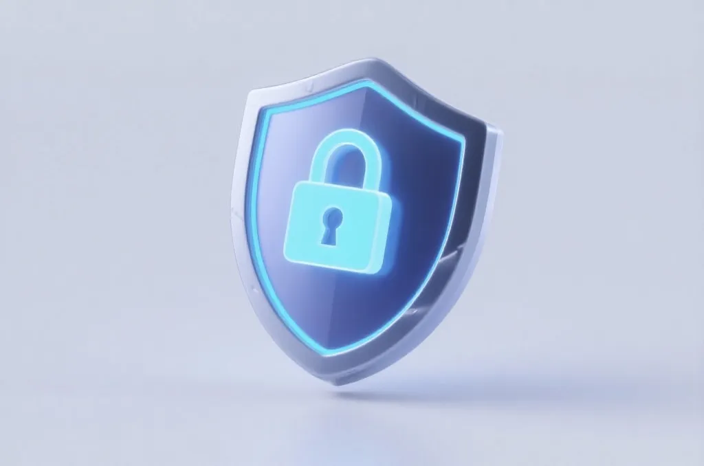 A conceptual 3D illustration of a secure digital transaction shield with a glowing lock icon