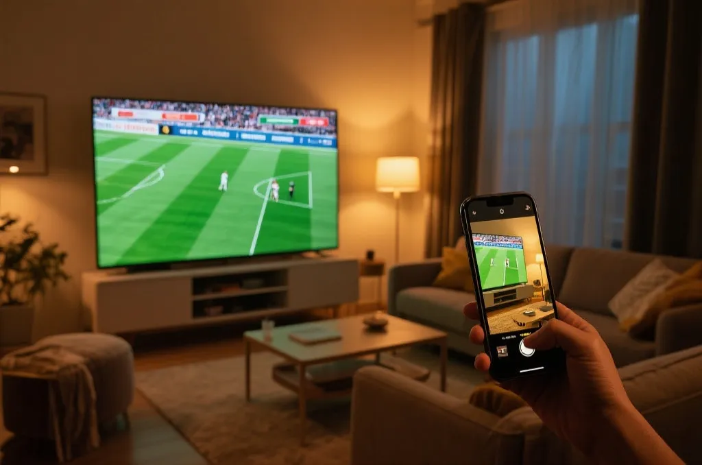 A cozy living room with a large smart TV screen broadcasting a high-definition football game