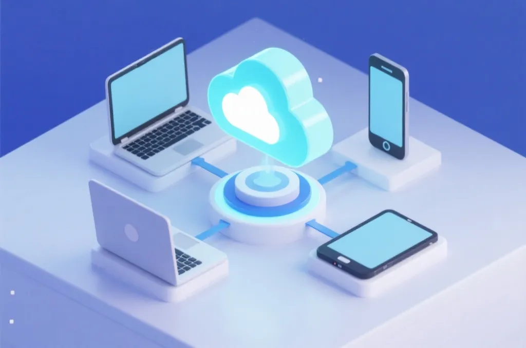 A conceptual illustration showing cloud synchronization across a laptop, a smartphone, and a tablet with clean data graphs.