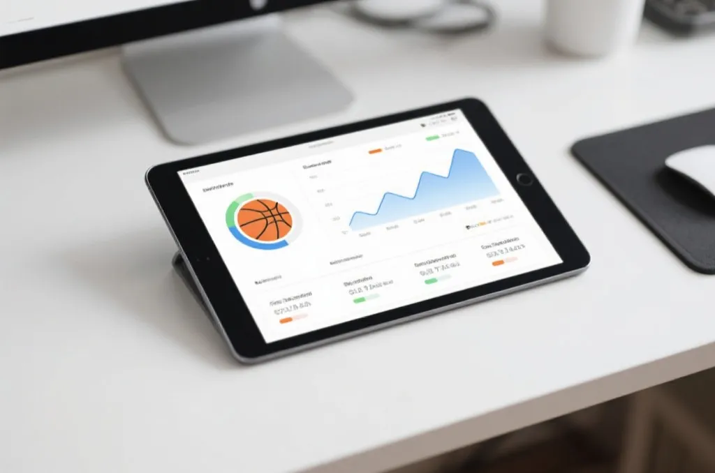 A modern digital tablet displaying generic sports analytics graphs and a basketball icon